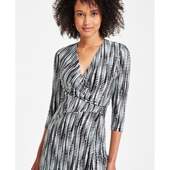 Kasper Women's 3/4-sleeves Printed Wrap-Style Dress Black Sea Glass Multi L - Picture 4 of 9